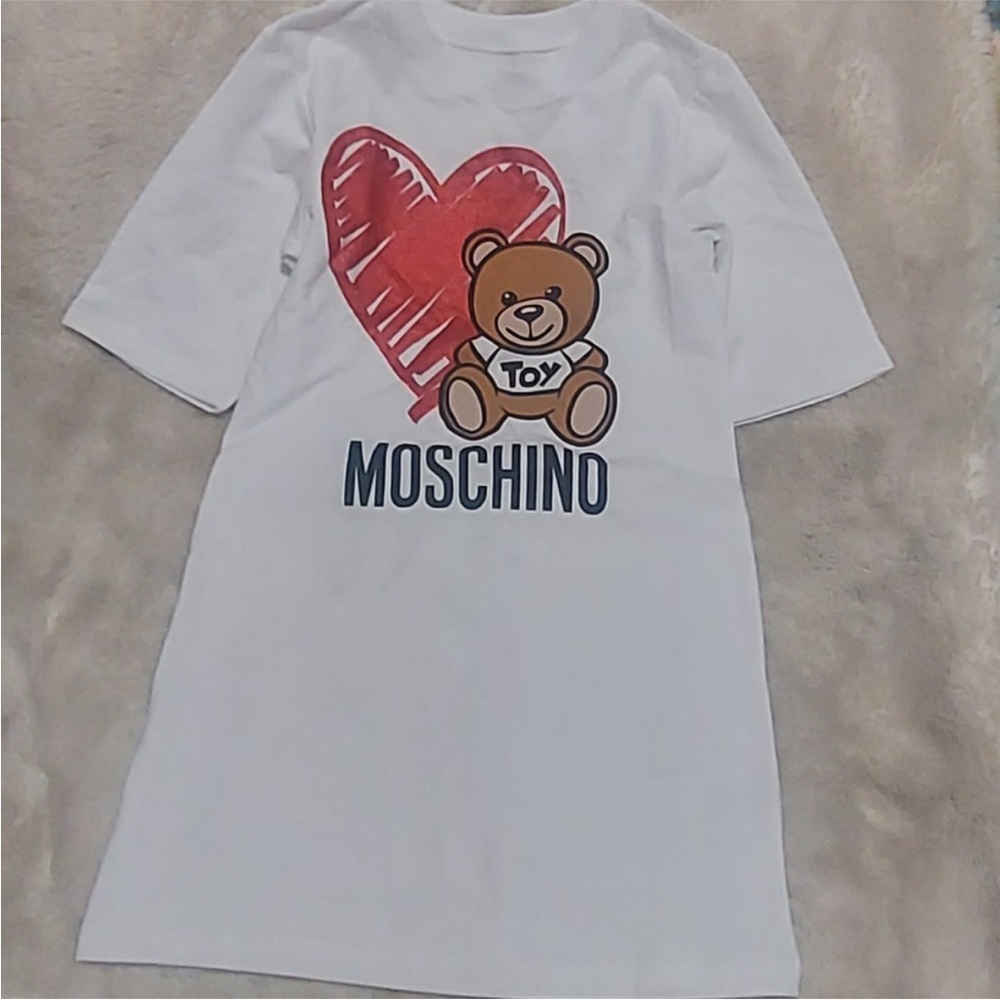 Love Moschino White Dress with Red Heart and Brown Bear